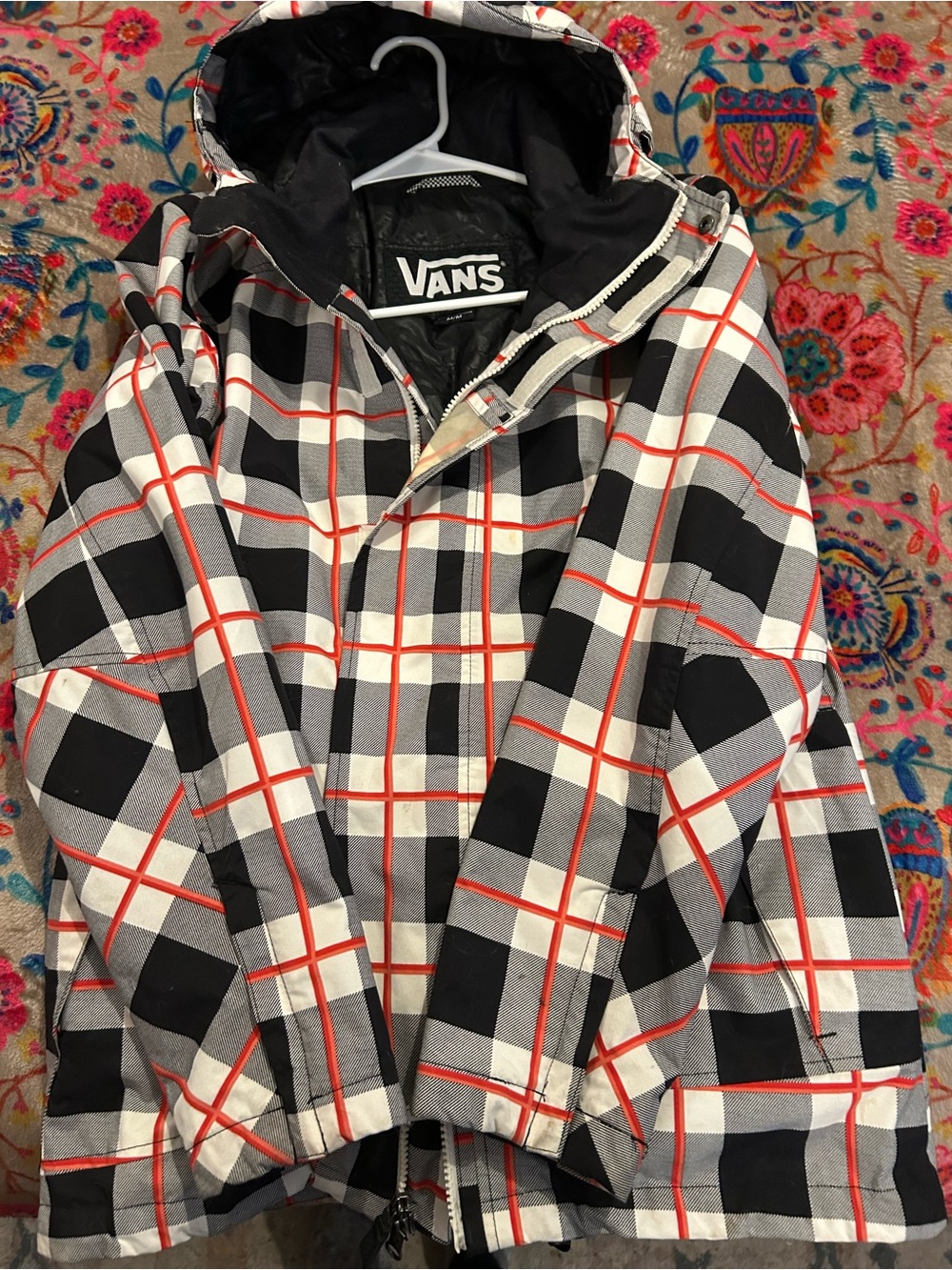 Vans Black, White & Red Plaid Ski Jacket with Hood